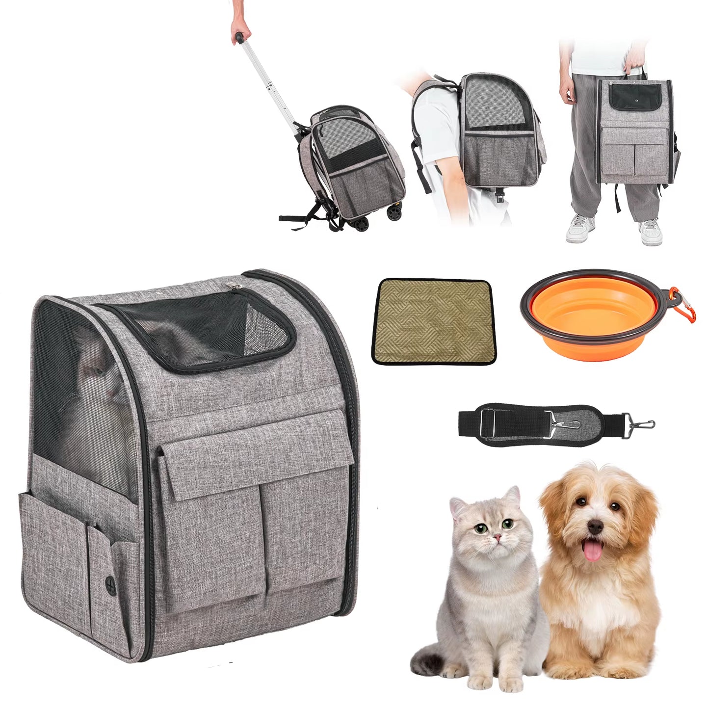 Ultimate Pet Cat Carrier Backpack with Wheels, Telescopic Handle & Shoulder Strap - Perfect for Travel!