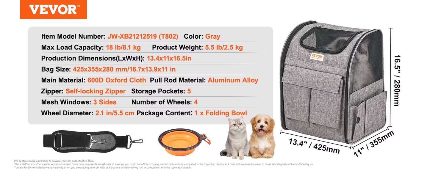 Ultimate Pet Cat Carrier Backpack with Wheels, Telescopic Handle & Shoulder Strap - Perfect for Travel!