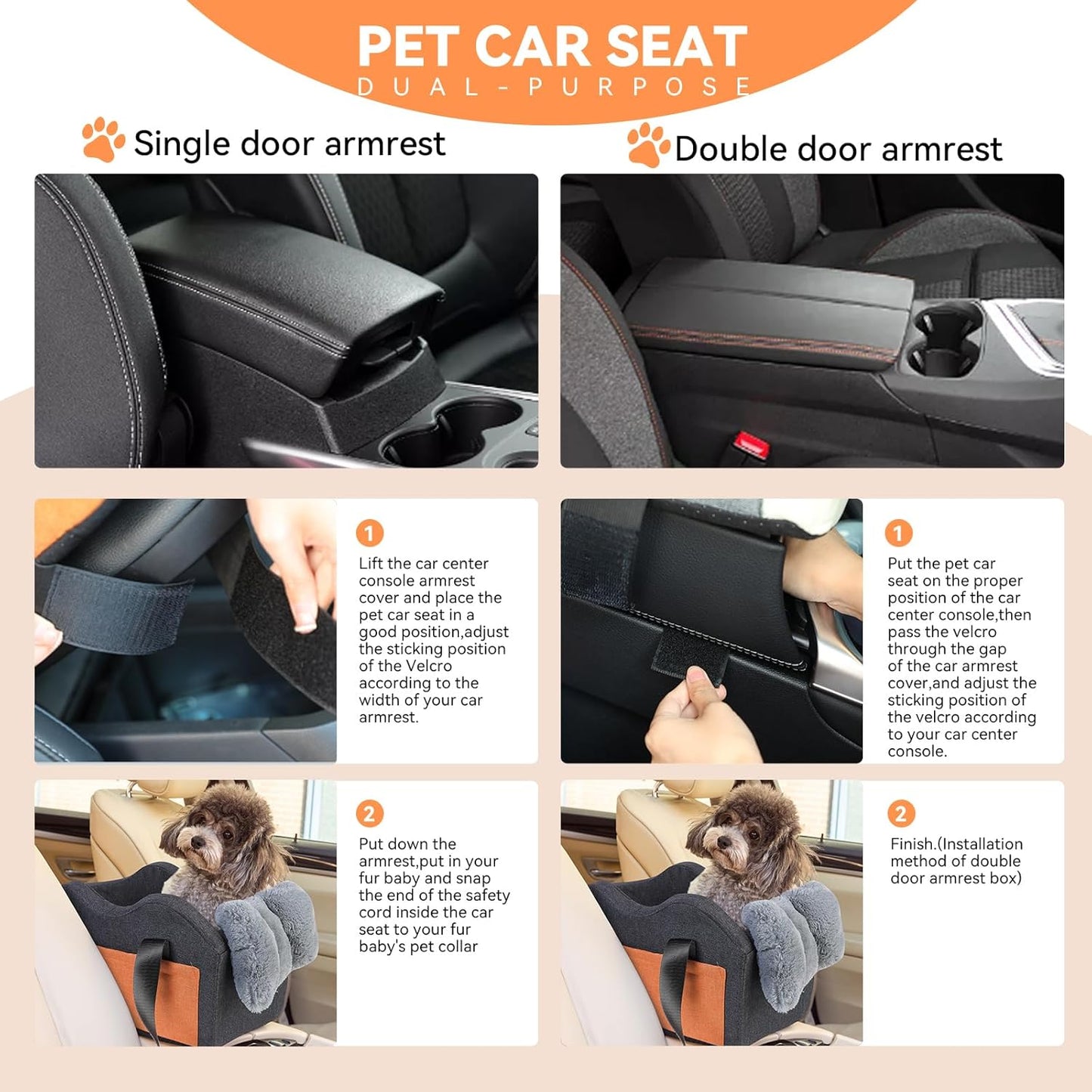 Small dog in gray pet car booster seat on center console
