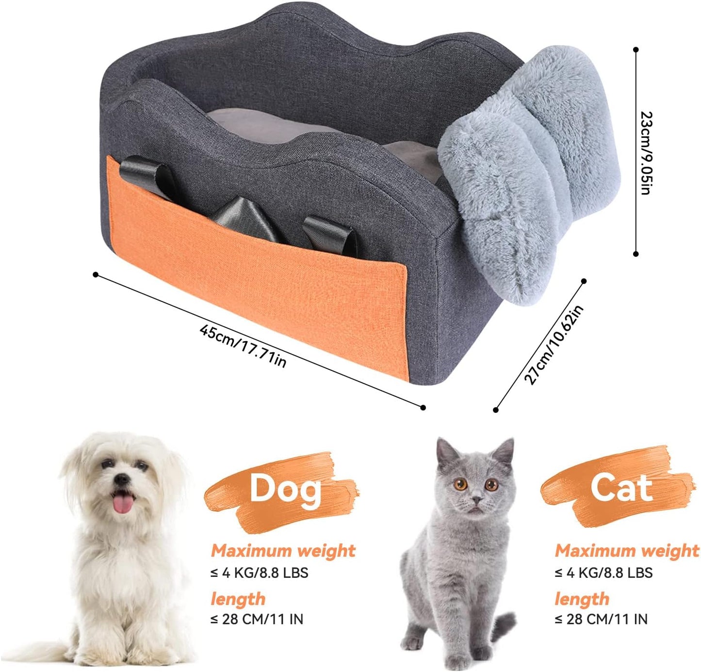 Small pet in gray pet car booster seat on center console